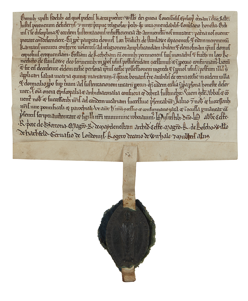 (WILLIAM; BISHOP OF COVENTRY.) Vellum Document, unsigned, charter granting the church of Rochdale to the Cistercian Abbey of Stanlaw, i